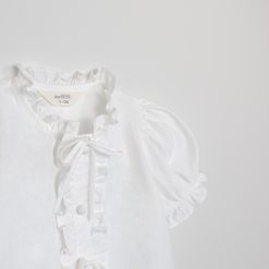 Áo ngắn tay cổ bèo phối nơ